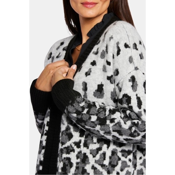 NWT NYDJ Jacquard Long Open Front Cardigan Heather Gray Black Animal Print - Picture 2 of 14